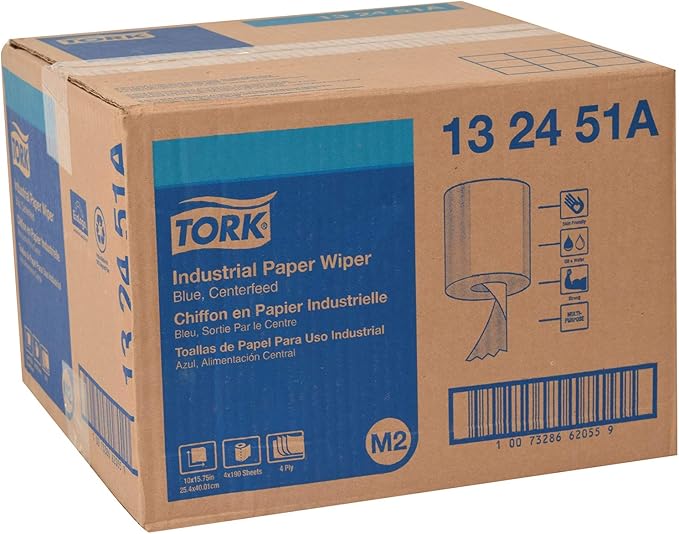 Tork Paper Wiper Centerfeed Blue M2, High Absorbency, 4 x 190 Feet, 132451A