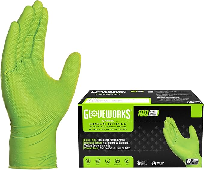 GLOVEWORKS HD Green Gloves, 8 Mil Nitrile Disposable Heavy Duty Raised Diamond Grip Mechanic Glove, Bulk Purchasing Options