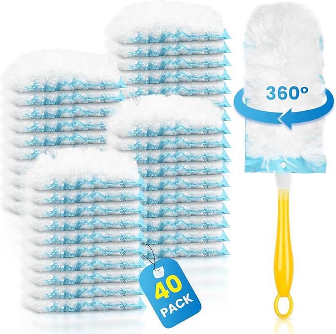 40 Pack Duster Refill for Swiffer Duster, 360°Heavy Duty Duster Refills Kit, Strong Electrostatic Adsorption Technology, Suitable for Furniture, Curtains, Offices and Other Scenes with 1 Short Handle
