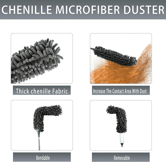 4 Pcs Microfiber Cobweb Duster with 100" Extension Pole,Bendable Ceiling Fan Duster Kit with 3 Duster Heads,Washable Reusable Dusting Pole for High Ceiling and Walls Furniture Home