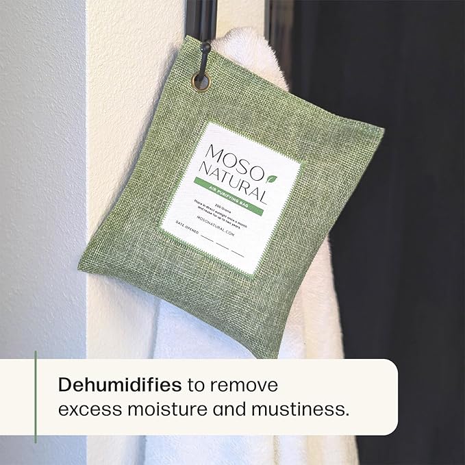 Moso Natural Air Purifying Bag 200g (5 Pack). A Scent Free Odor Eliminator for Cars, Closets, Bathrooms, Pet Areas. Premium Moso Bamboo Charcoal Odor Absorber. Two Year Lifespan! (Green)