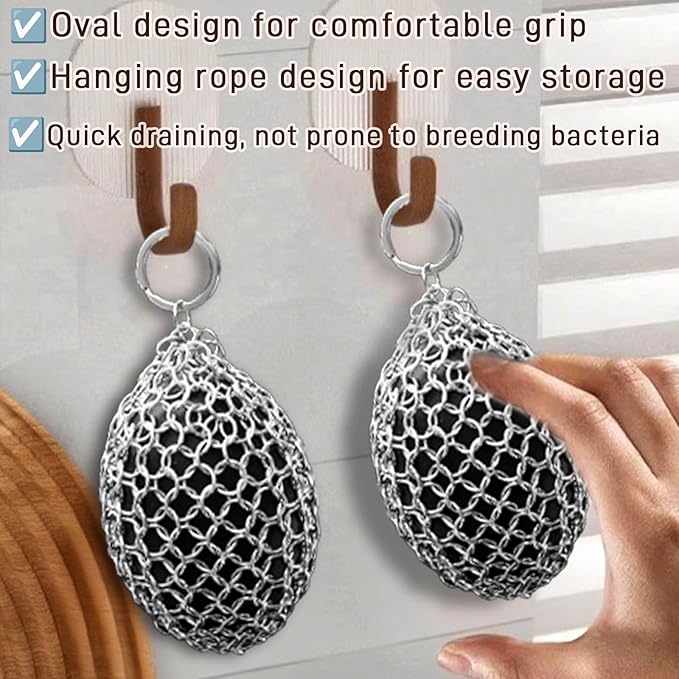 Chainmail Scrubber,Ergonomic Rugby Shape Desigs Cast Iron Cleaner Scrubber for Pan Pot Grill-Grill Scrubber Metal Scrub Sponge Skillet, Oven, Griddle, Wok Cleaning Brush