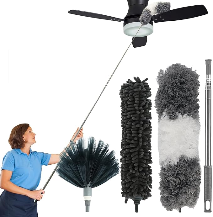 4 Pcs Microfiber Cobweb Duster with 100" Extension Pole,Bendable Ceiling Fan Duster Kit with 3 Duster Heads,Washable Reusable Dusting Pole for High Ceiling and Walls Furniture Home