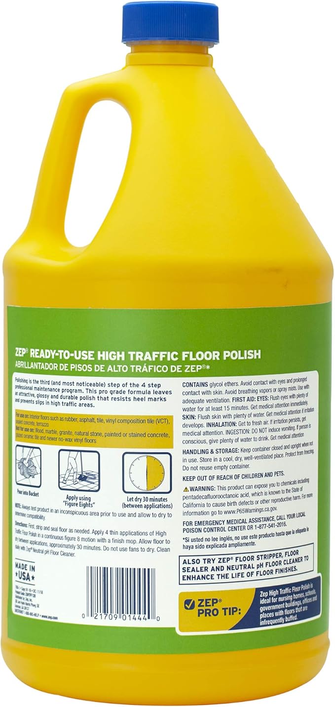 Zep High Traffic Floor Polish - 1 Gal (Case of 2) ECZUHTFF1282- Scuff-Resistant Durable Finish for Vinyl, Concrete, Rubber, Tile, and Terrazzo Floors