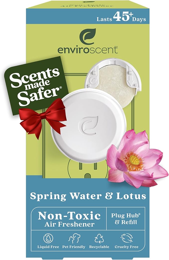 Enviroscent Non Toxic Air Freshener Plug-in Home Fragrance Last 45+ Days | Kit includes 1 Refillable Plug In Warmer & 1 Scent Refill (Spring Water & Lotus)