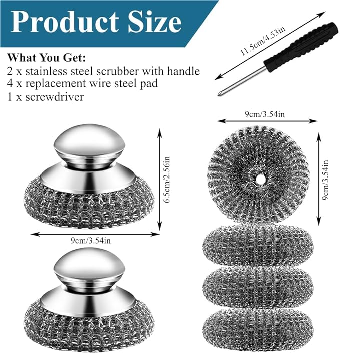 7Pcs Steel Wool Scrubber with Handle - Stainless Steel Scrub Brush Set for Scouring Stubborn Messes from Cast Iron, Pots, Pans, Grill, Stoves, Sink (2 Scrubber + 4 Pads + 1 Screwdriver)