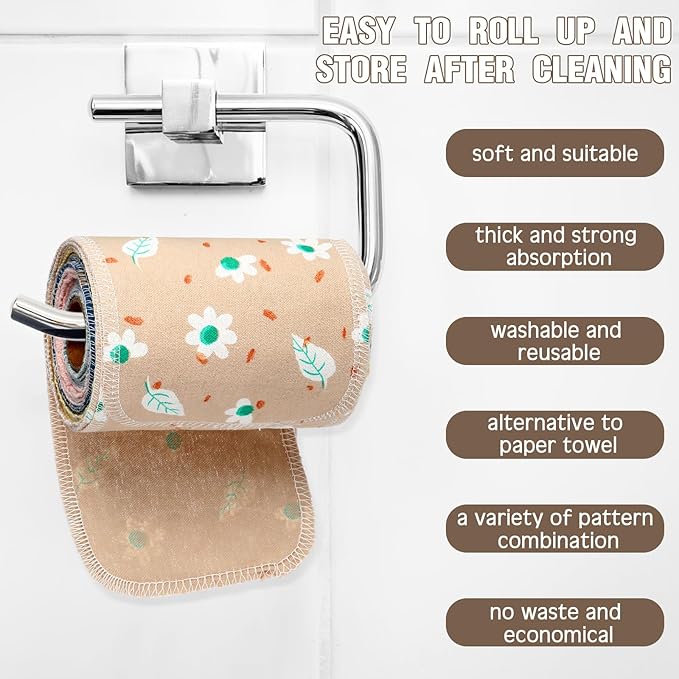 VitalCozy 50 Pcs Reusable Toilet Washable Bidet Towels Rerollable Cloth Wipes Paperless Towels Roll Absorbent Cotton for Kitchen Paperless Dishcloths (Nice Flower)