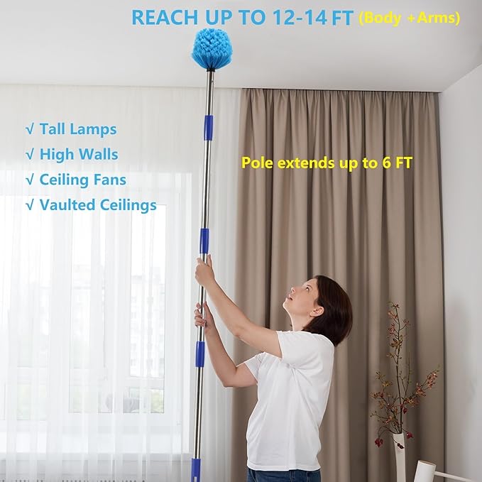Cobweb Duster with Extension Pole, 6 FT Stainless Steel Pole with Spider Web Brush Head Ceiling Fan Duster for Outdoor Indoor Cleaning