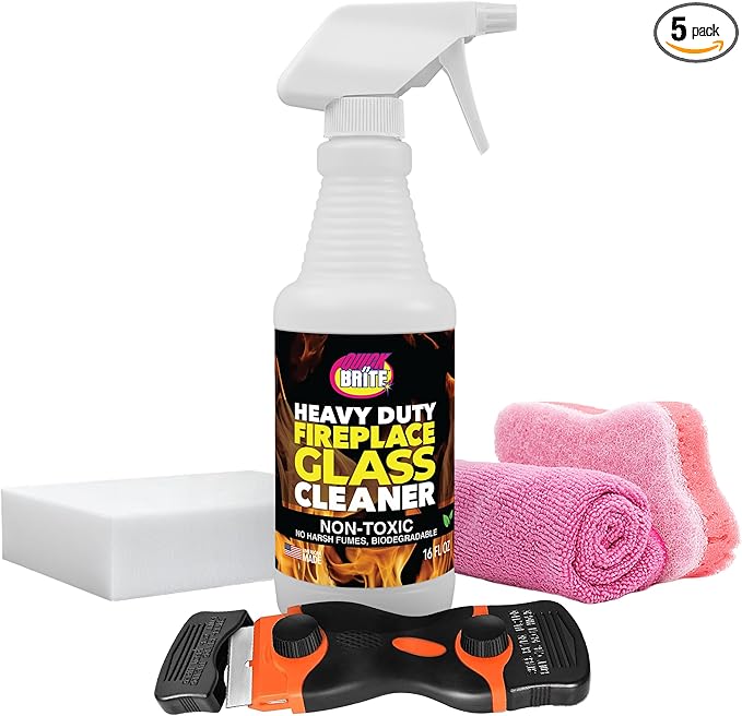 Quick 'n Brite Fireplace Glass Cleaner Kit – Heavy-Duty 16oz Cleaner with Scraper Tool, Melamine & Scrubber Sponges, Microfiber Towel – Glass, Wood Stove & Fireplace Door Cleaning - Made in the USA