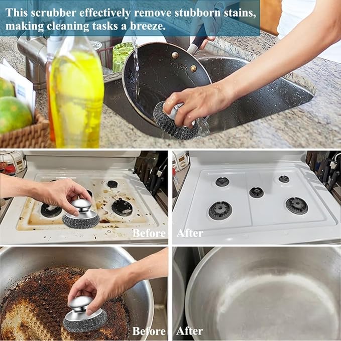 7Pcs Steel Wool Scrubber with Handle - Stainless Steel Scrub Brush Set for Scouring Stubborn Messes from Cast Iron, Pots, Pans, Grill, Stoves, Sink (2 Scrubber + 4 Pads + 1 Screwdriver)