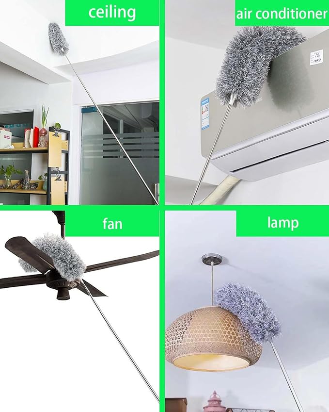 110" Extendable Feather Duster with Extension Pole, Ceiling Fan Cleaner Duster for High Ceiling, Bendable Microfiber Head, Long Handle Duster for Cleaning Fan, Furniture, and Cars (3 replaceable head)