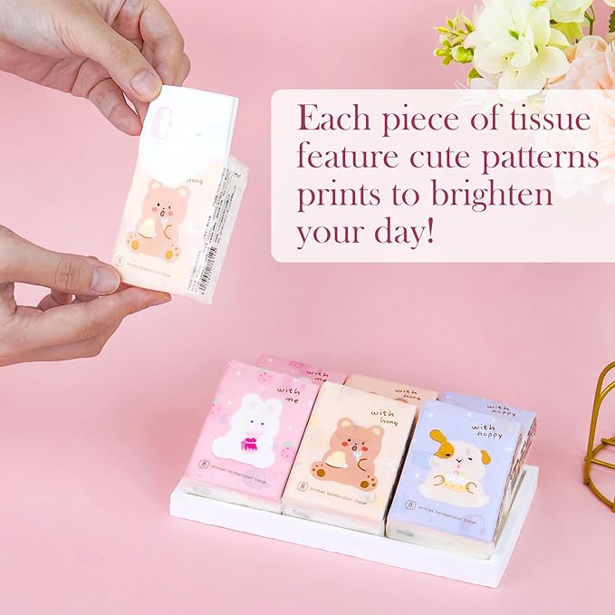27 Packs Pocket Tissues, Small Travel Size Bulk Facial Paper Towel, Travel Essential, Purse Tissue, Individual Packet, Soft 3 Ply Portable Napkins with Cute Prints for Wedding Party (Dog&Bear&Rabbit)