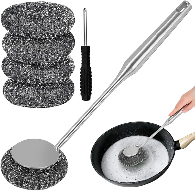 6Pcs Steel Wool Scrubber with Long Handle - Stainless Steel Scrub Brush Set for Scouring Stubborn Messes from Cast Iron, Pots & Pans, BBQ Grill, Sink (1 Scrubber + 4 Pads + 1 Screwdriver)