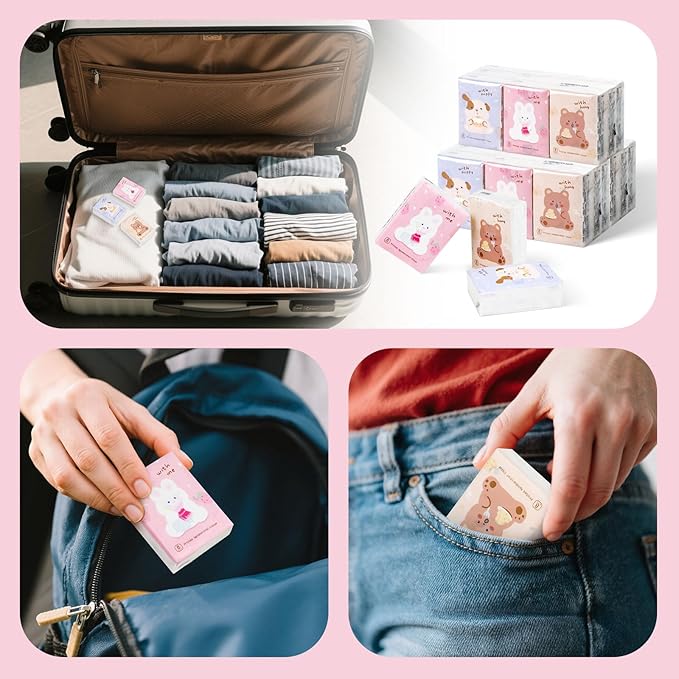 27 Packs Pocket Tissues, Small Travel Size Bulk Facial Paper Towel, Travel Essential, Purse Tissue, Individual Packet, Soft 3 Ply Portable Napkins with Cute Prints for Wedding Party (Dog&Bear&Rabbit)