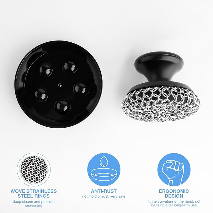 2PCS Cast Iron Scrubber Cleaner, Chainmail Scrubber for Cast Iron Pan Skillet, Dish Scouring Pad, 316 Stainless Steel Brush/Scraper for Metal Skillet Scrubbing, Wok, Dutch Oven Cleaning - Thick+Thin