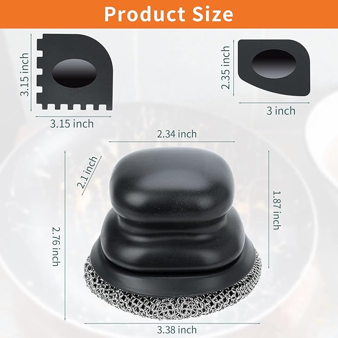 Cast Iron Scrubber,Ergonomic Grip Soldered 3mm Fine Chainmail Scrub Brush +2 Pan Grill Scrapers, Small Ring Chain Link Pan Pot Scrub Metal Brush to Clean Iron Skillet Steel Wool Scrubber