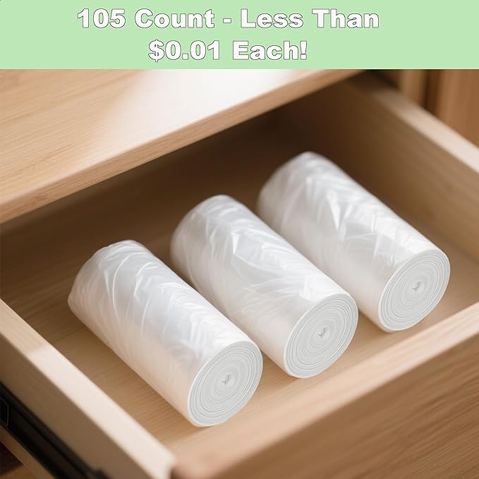 TECHSHARE Small Garbage Bags 4 Gallon - 105 Count Trash Can Liners for Bathroom, Office, Bedroom - Mini White HDPE Plastic Waste Basket Bags, Value Pack for Daily Use, Fits Small Trash Cans