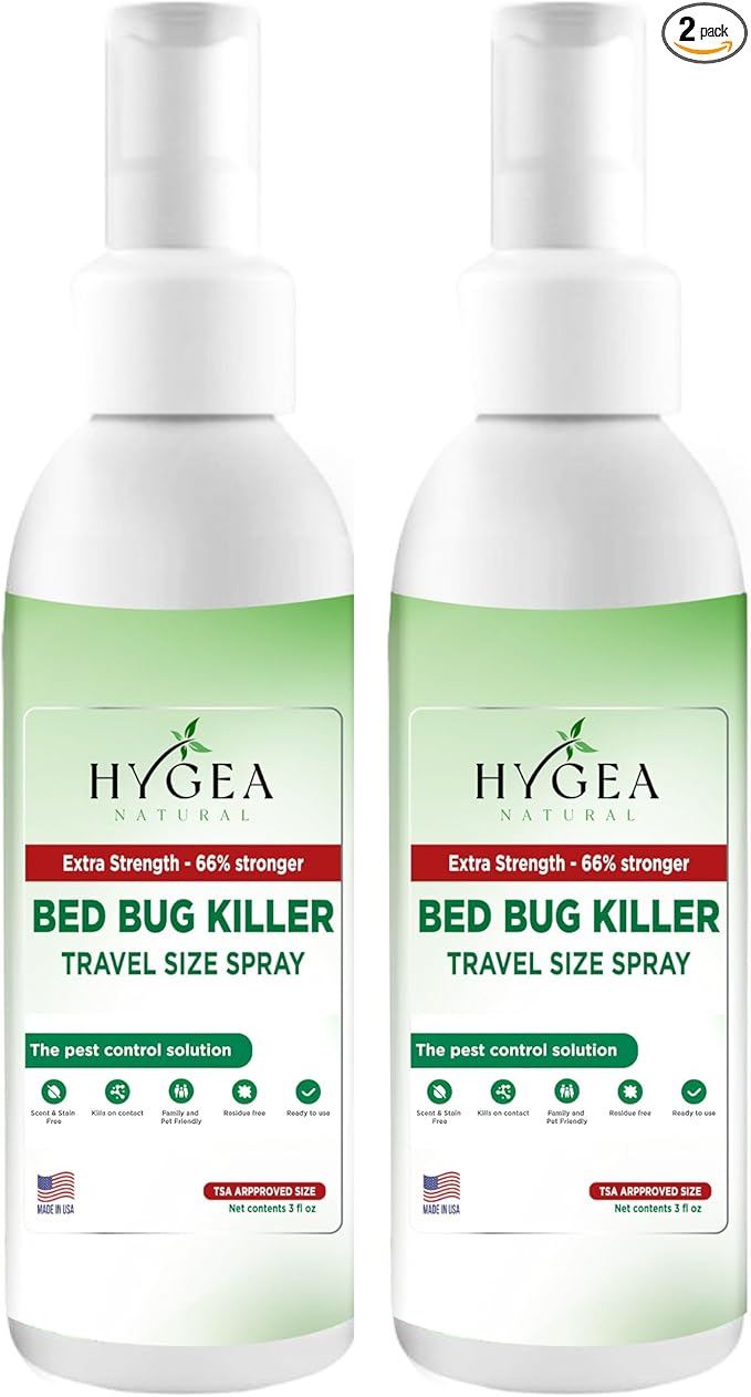 Hygea Natural Extra Strength Bed Bug & Mite Natural Travel Spray - TSA Approved Size - Child & Pet Friendly - Stain & Odor Free - for Hotel, Suitcase, Backpack, Shoes - 66% Stronger Formula(2pk, 3 oz)