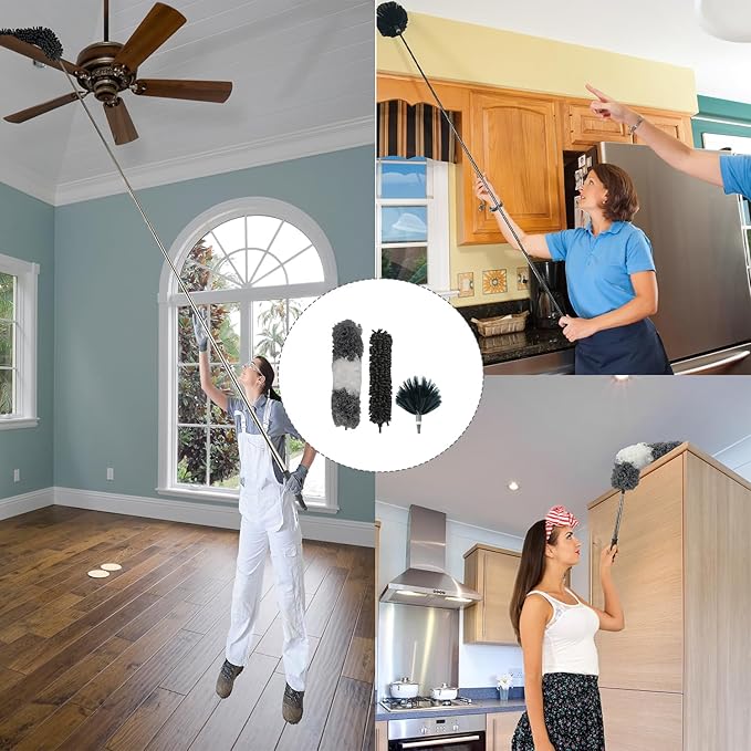 4 Pcs Microfiber Cobweb Duster with 100" Extension Pole,Bendable Ceiling Fan Duster Kit with 3 Duster Heads,Washable Reusable Dusting Pole for High Ceiling and Walls Furniture Home