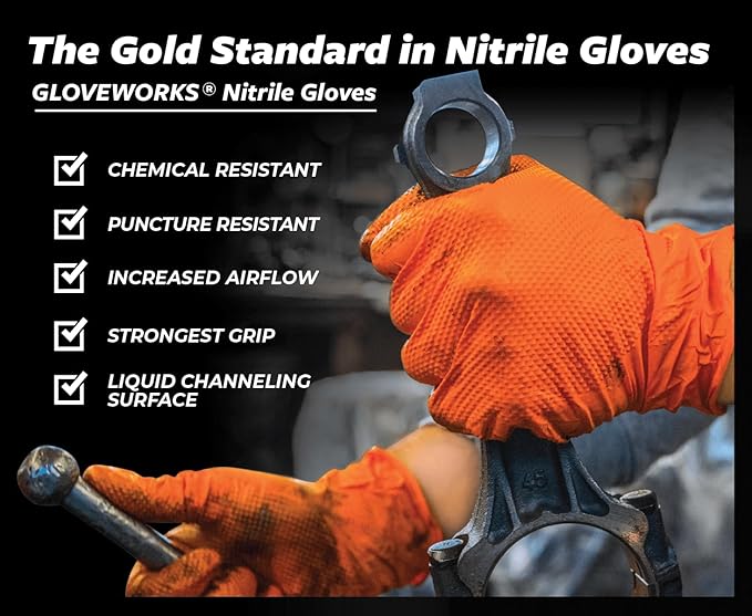 GLOVEWORKS HD Orange Nitrile Disposable Gloves 8 Mil Raised Diamond Texture, 100