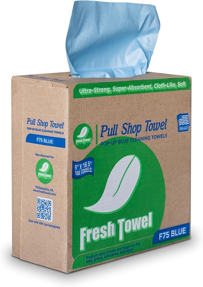 Fresh Towel Pop Up Box of Medium Duty Cleaning Cloths - Disposable Blue Shop Towels, (1 Pop Up Box of 160 Sheets) - 9 x 16.5 inches Cloth Size