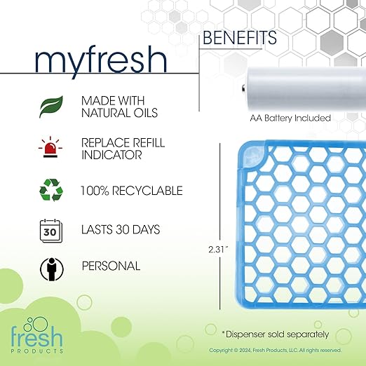 Fresh Products myfresh 2.0 Personal Air Freshener with Dry Fragrance Technology for Small Spaces Compact Design Motion Sensor Battery Included Cotton Blossom 6 pk