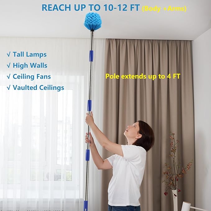 Cobweb Duster with Extension Pole, 4 FT Stainless Steel Pole with Spider Web Brush Head Ceiling Fan Duster for Outdoor Indoor Cleaning