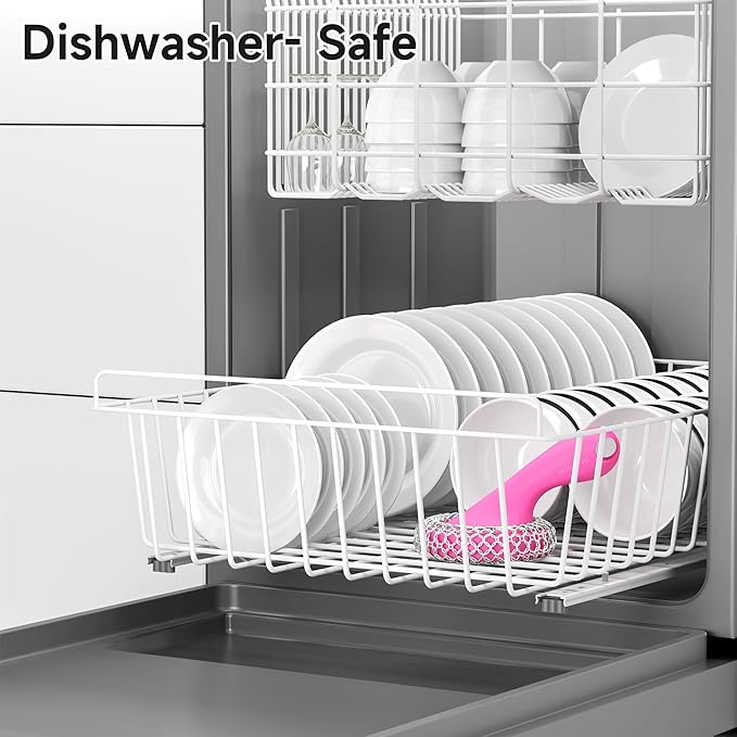 SUBEKYU Cast Iron Scrubber with Silicone Handle, Stainless Steel Skillet Cleaner for Cast Iron Pans (Pink Scrubber + Scraper)