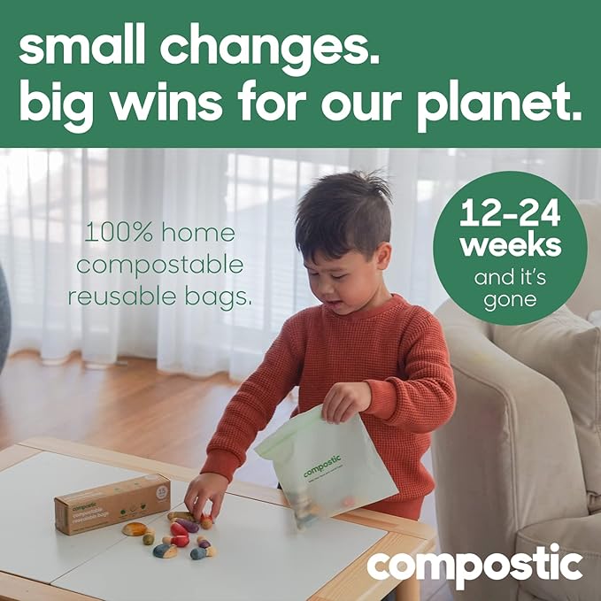 Compostic Home Compostable Resealable Sandwich Bags (7"x7"), Microwave & Freezer Safe, Organic Food Storage Container, 60 Count