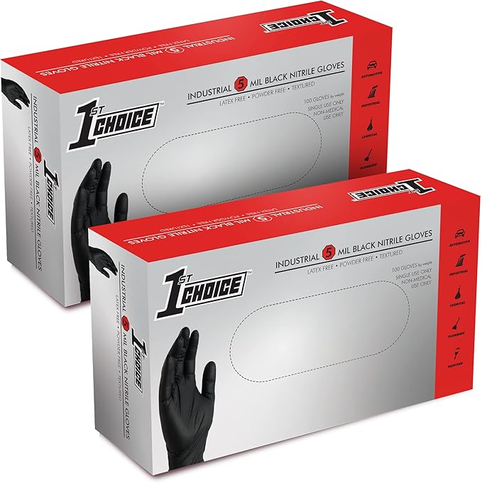 1st Choice Black Nitrile Gloves Disposable Latex-Free 5 Mil Textured for Cooking, Cleaning, Food Prep, XXL, 2 Boxes of 100