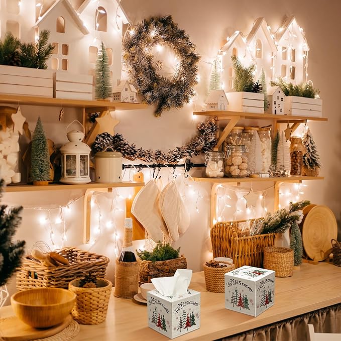 Yeaqee 6 Pack Large Christmas Facial Tissue Cube Box Square 480 Sheets Xmas Tree Christmas Paper Facial Tissues Cube Box for Winter Xmas Holiday Kitchen Office Home Car Decor