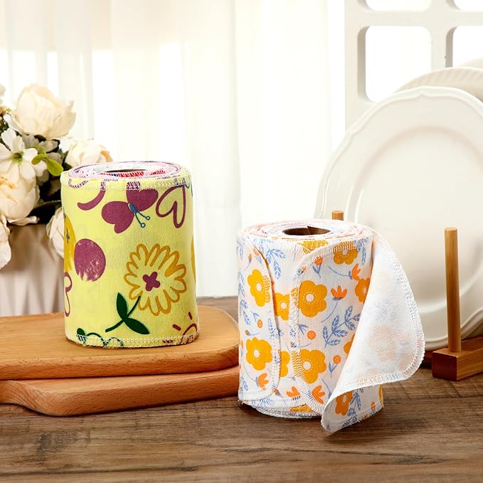VitalCozy 50 Pcs Reusable Toilet Washable Bidet Towels Rerollable Cloth Wipes Paperless Towels Roll Absorbent Cotton for Kitchen Paperless Dishcloths(Bright Flower)