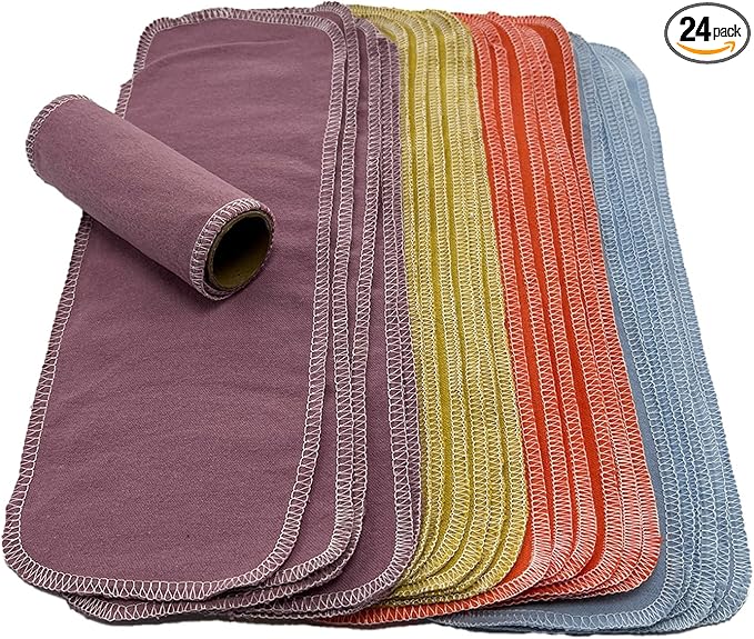 Reusable Toilet Paper Towels 24 Count Roll,Washable Absorbent No Tear Bidet Towels Cotton Cloth,Zero Waste Cleaning Supplies for Bathroom(Solid 4 Colors)