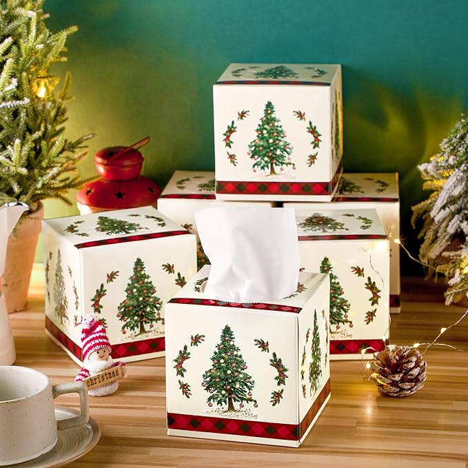 Yeaqee 6 Pack Christmas Facial Tissue Cube Box Square 480 Sheets Xmas Tree Christmas Paper Facial Tissues Cube Box for Winter Xmas Holiday Kitchen Office Home Car Decor
