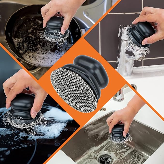 Cast Iron Scrubber,Ergonomic Grip Soldered 3mm Fine Chainmail Scrub Brush +2 Pan Grill Scrapers, Small Ring Chain Link Pan Pot Scrub Metal Brush to Clean Iron Skillet Steel Wool Scrubber