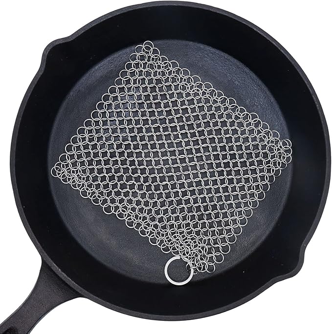 Cast Iron Scrubber - 6 Inch Stainless Steel Chain mail Scrubber for Cast Iron Pans Cleaner Chainmail Scrubber for Skillet, Wok, Pot, Dutch Ovens