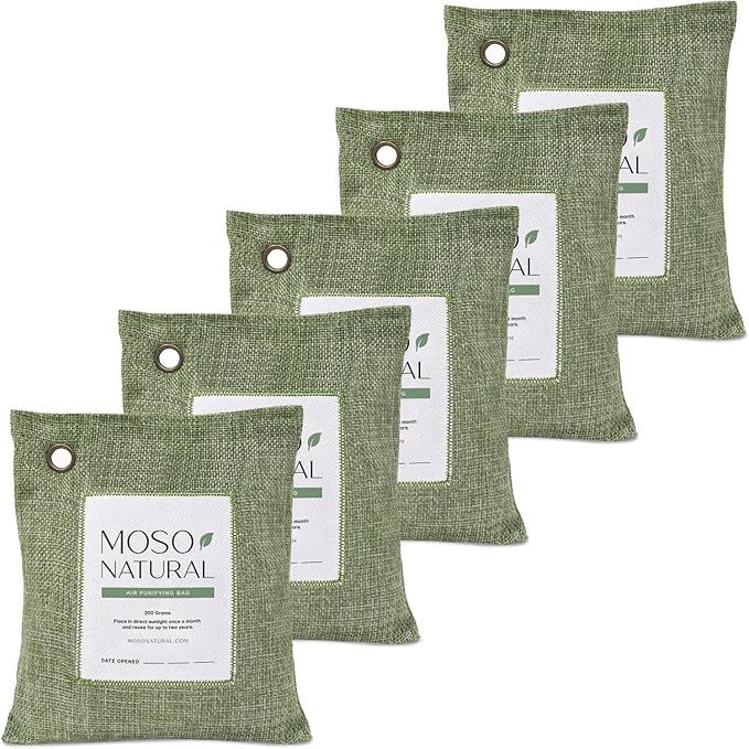 Moso Natural Air Purifying Bag 200g (5 Pack). A Scent Free Odor Eliminator for Cars, Closets, Bathrooms, Pet Areas. Premium Moso Bamboo Charcoal Odor Absorber. Two Year Lifespan! (Green)
