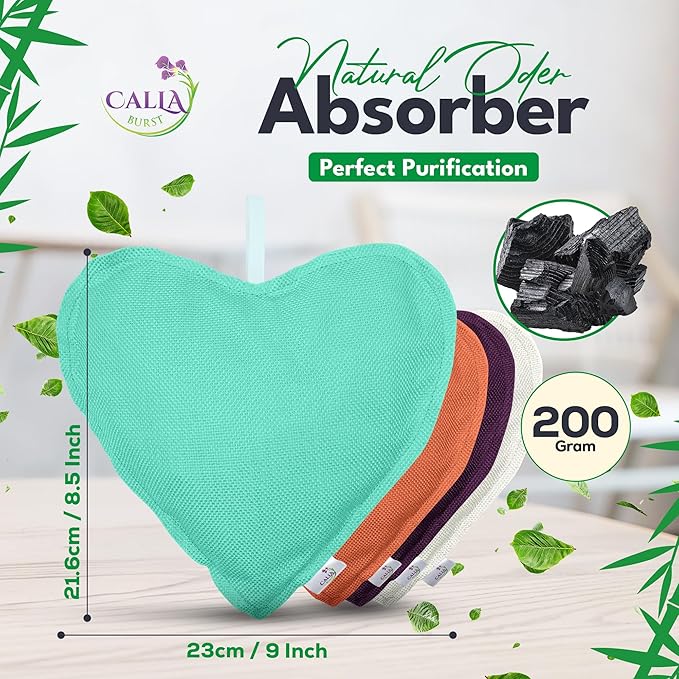 4 Pack Bamboo Charcoal Air Purifier Bags 200 Grams Each - Odor Absorber for Home, Car, Pets, Activated Charcoal Natural Freshener, Eco-Friendly & Reusable (Heart Shape)