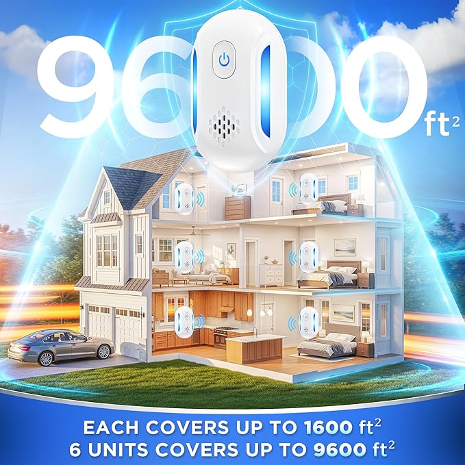 (2025 Upgraded) Ultrasonic Insect & Pest Indoor Repeller – Stronger Driving Force, Plug-in Control Electronic Repellent for Roach, Mouse, Rodent, Bugs, Spider, Mice, Ant, 2 Mode Switching (6 Pack)