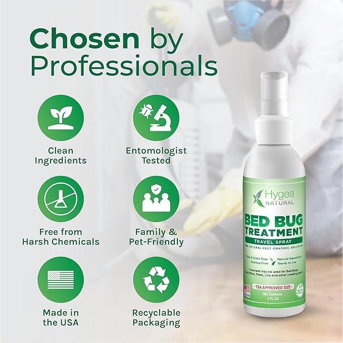 Hygea Natural Lice, Mite, and Bed Bug Natural Travel Spray - TSA Approved 3 oz Size Bottles - Child & Pet friendly - Stain & Odor Free - For Hotels, Suitcase, Backpack, Shoes - Bed Bug Spray (3 Pack)