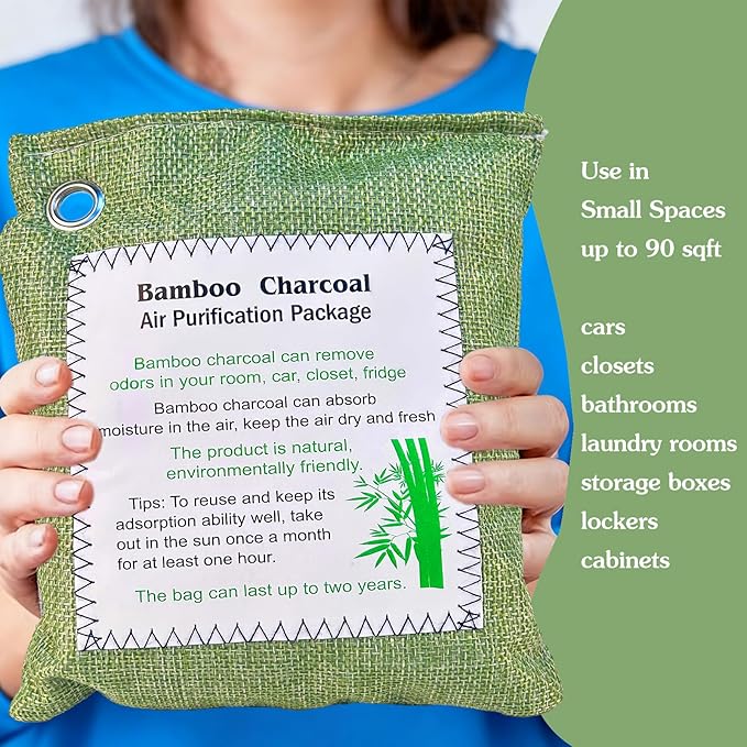 Bamboo Charcoal Air Purifying Bag, Activated Charcoal Odor Absorber Moisture Absorber Car Fresheners Odor Eliminator for Home Car Closet Refrigerator Shoe Smell Remover Gym Bag Deodorizer, Green