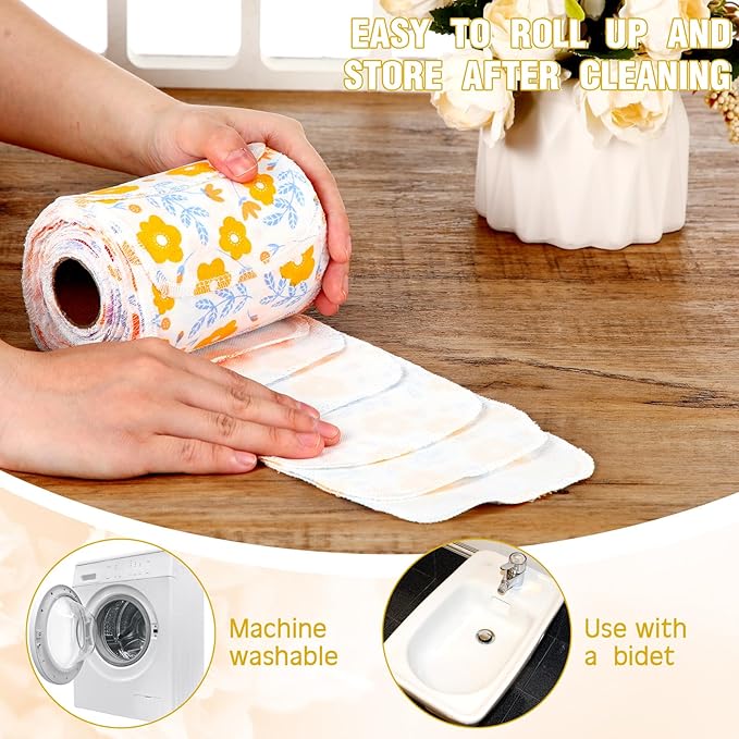 VitalCozy 50 Pcs Reusable Toilet Washable Bidet Towels Rerollable Cloth Wipes Paperless Towels Roll Absorbent Cotton for Kitchen Paperless Dishcloths(Bright Flower)