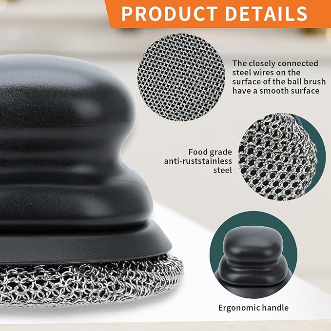Cast Iron Scrubber,Ergonomic Grip Soldered 3mm Fine Chainmail Scrub Brush +2 Pan Grill Scrapers, Small Ring Chain Link Pan Pot Scrub Metal Brush to Clean Iron Skillet Steel Wool Scrubber