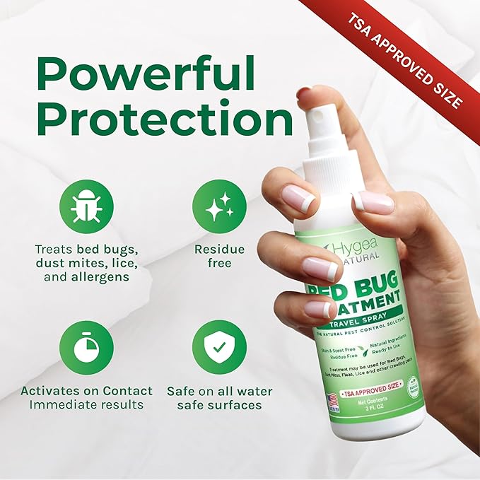 Hygea Natural Lice, Mite, and Bed Bug Natural Travel Spray - TSA Approved size – Child & Pet Friendly – Immediate results – Stain & Odor Free, For Hotels, Suitcase, Backpack, Shoes, Bed Bug Spray(3oz)