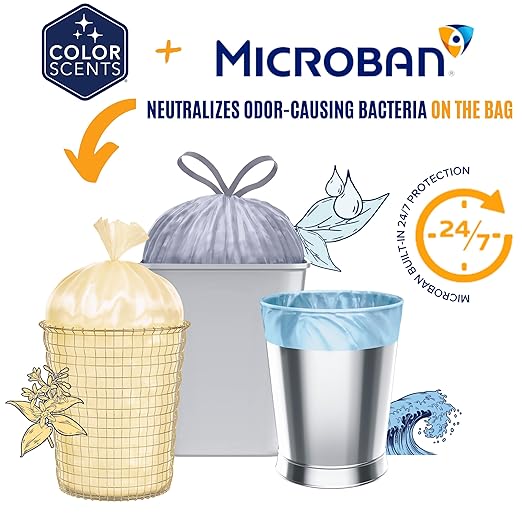 Color Scents Medium Trash Bags - 8 Gallon, 200 Total Bags (8 Packs of 25 Count), Drawstring - Silver Bag in Simply Clean Scent with Microban