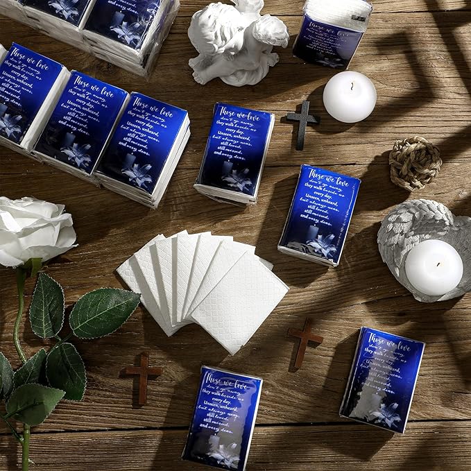 100 Packs Memorial Facial Tissues Those We Love Don't Go Away Inspirational Poem Pocket Tissues 3 Ply Napkins Packs Funerals Wedding Supplies for Family Relatives Guests, 700 Sheets(Blue)