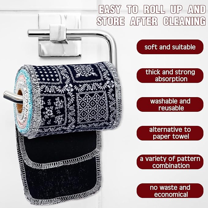 VitalCozy 50 Pcs Reusable Toilet Washable Bidet Towels Rerollable Cloth Wipes Paperless Towels Roll Absorbent Cotton for Kitchen Paperless Dishcloths (Vintage Flower)