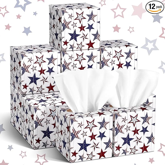 12 Pack Veterans Day Patriotic Facial Tissues Cube Face Boxes 600 Sheets 3 Ply Red White and Blue Small Square Tissues Bulk for Labor Car Bedroom Supplies(Independence Day Star)