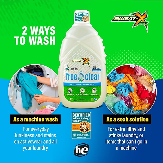 Sweat X Free & Clear Activewear Laundry Detergent – Certified Asthma & Allergy Friendly® – Hypoallergenic – Removes Toughest Stains & Odors – High-Performance Sports Wash – 45 Loads/Bottle – 2 Pack