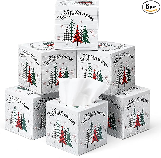 Yeaqee 6 Pack Large Christmas Facial Tissue Cube Box Square 480 Sheets Xmas Tree Christmas Paper Facial Tissues Cube Box for Winter Xmas Holiday Kitchen Office Home Car Decor